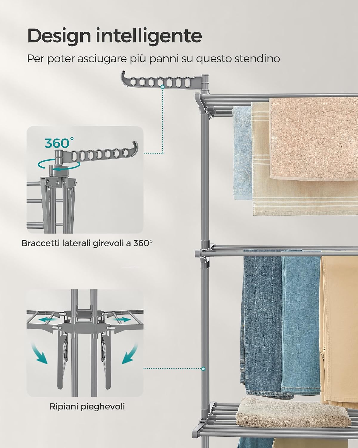 Detalle de SONGMICS LLR701G01 stendibiancheria pieghevole a 4 livelli con ruote e ali richiudibili