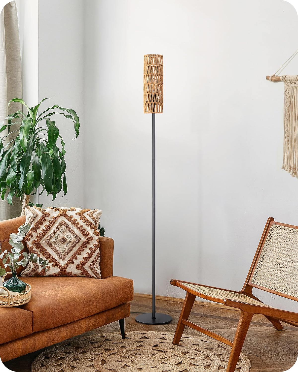 Detalle de EDISHINE Stehlampe fürs Wohnzimmer mit gewebtem Seil-Lampenschirm (2700K, E27), Höhe 165 cm