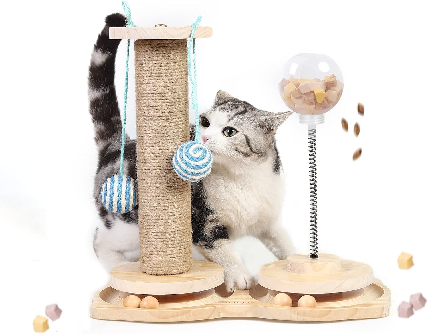Detalle de Marchul 4 in1 Interactive Cat Toy: Natural Sisal Scratcher, Feeder & Roller Track Ball