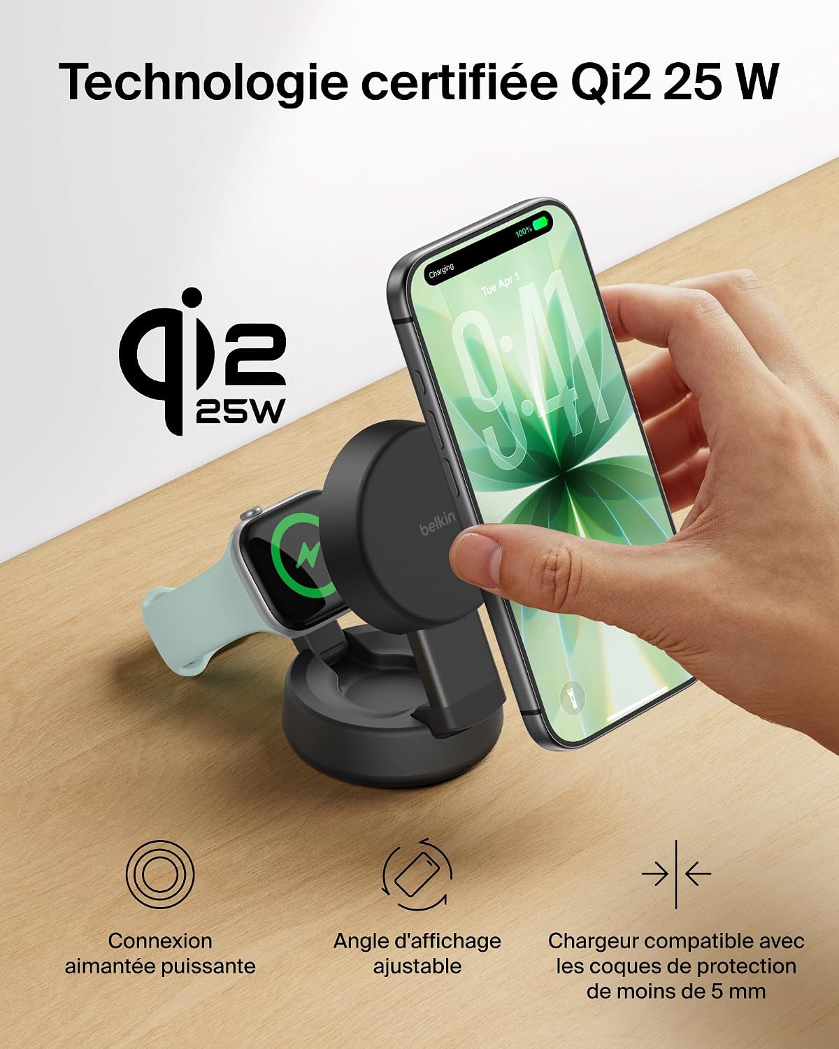 Thumbnail 5 de Belkin UltraCharge Chargeur MagSafe 2-en-1 — Socle Qi2.2 25 W, Aimanté et Pliable (Adaptateur 45 W inclus) Noir