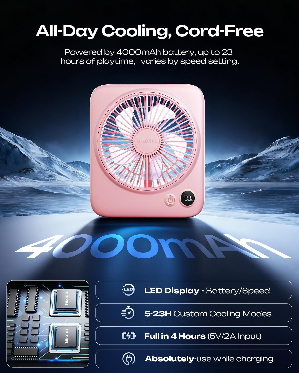 Detalle de Otlonpe S-F16A Rechargeable Desk Fan, 4-Speed, Folding, LED Display, Pink