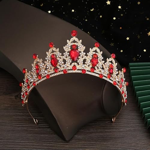 Thumbnail 8 de HPMAISON tiara de corona con cristales rojos y diseño de hojas