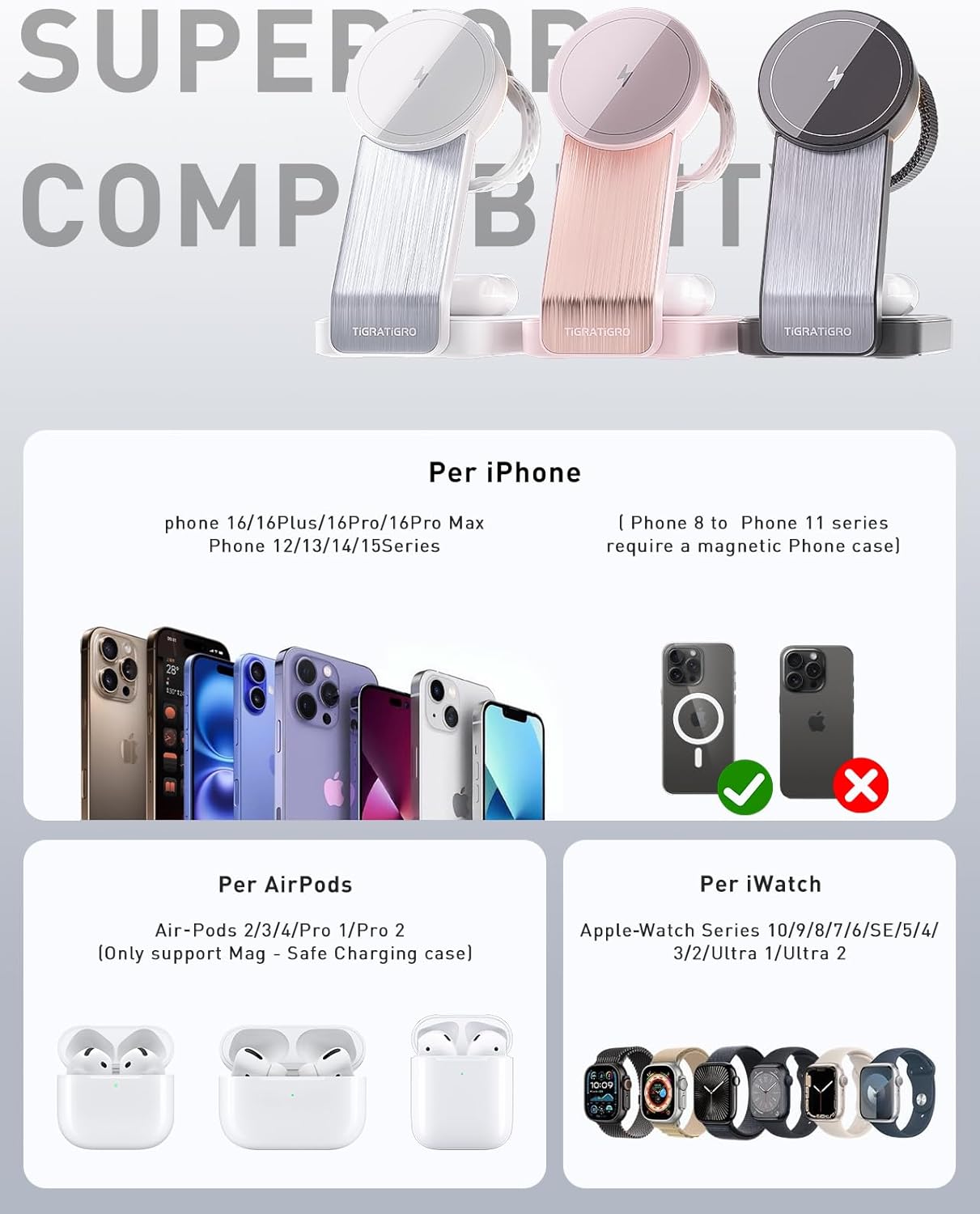 Thumbnail 5 de Tigratigro Caricatore Wireless 3 in 1 con Mag-Safe: supporto pieghevole per iPhone, AirPods e Apple Watch