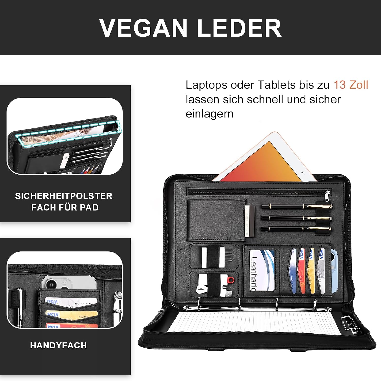 Detalle de Leathario Schreibmappe A4 mit 5er Register – Konferenzmappe mit 4 Ringbuch und Klemmbrett