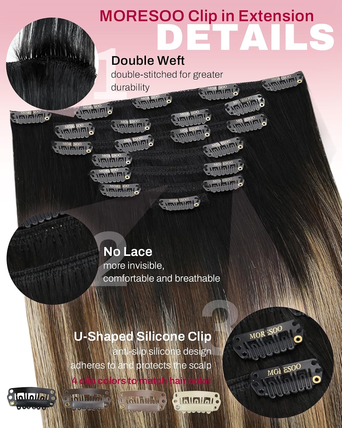 Detalle 2 de Moresoo 18in 120g Clip‑In Hair Extensions