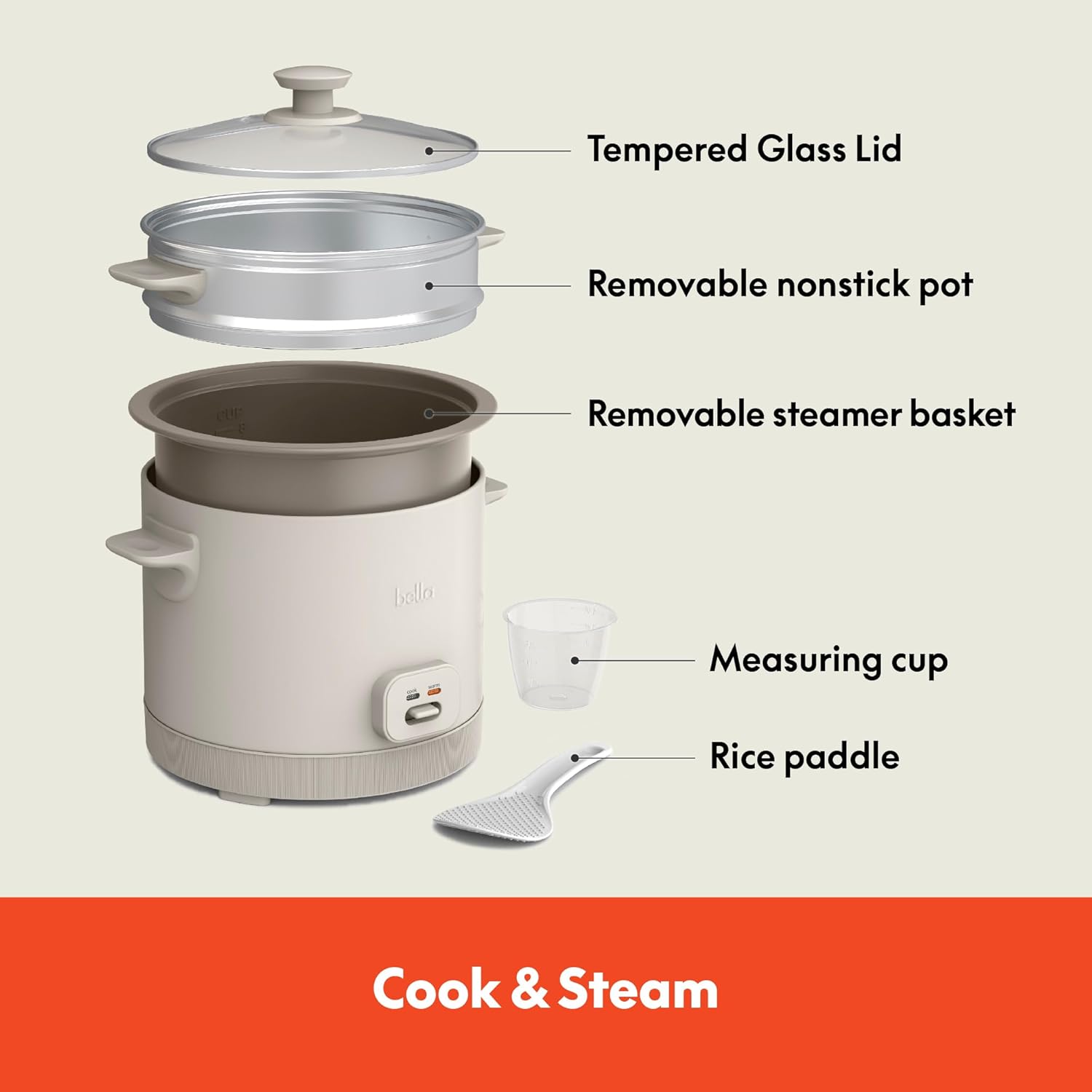 Detalle de bella 16 Cup Rice Cooker with Steamer (Dishwasher Safe Basket, Keep Warm)