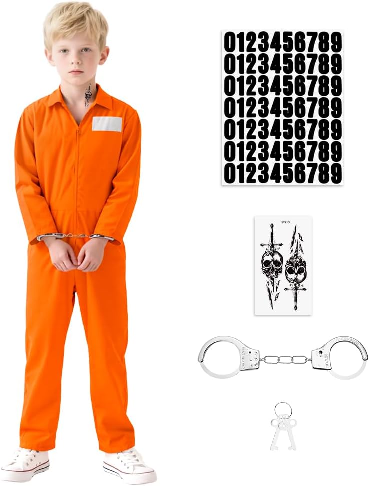 Detalle de BSBUY 5133619 gevangenenkostuum voor kinderen, oranje overall met handboeien