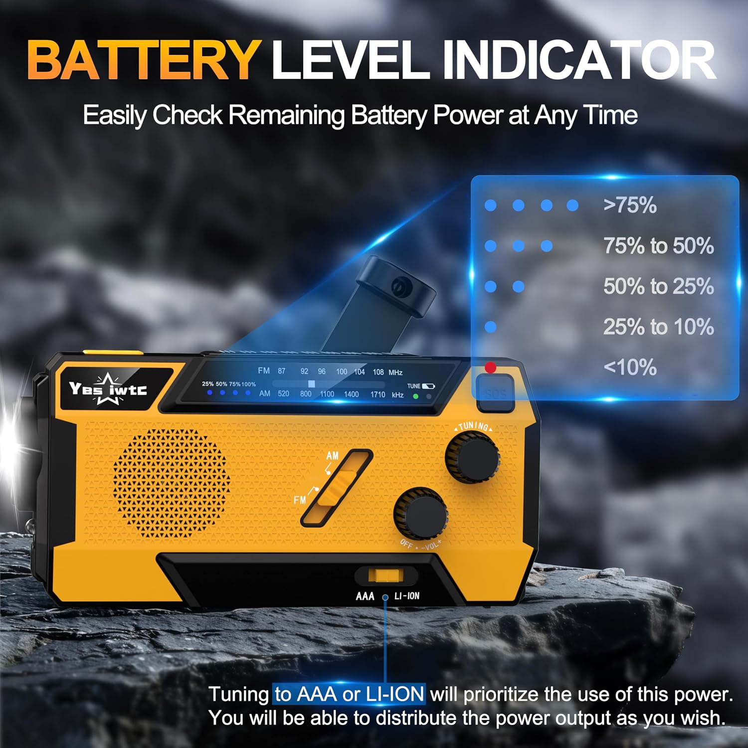 Thumbnail 6 de Wind Up Solar Radio emergency hand crank radio with SOS alarm, flashlight & built-in cables (7400mWh / 2000mAh)