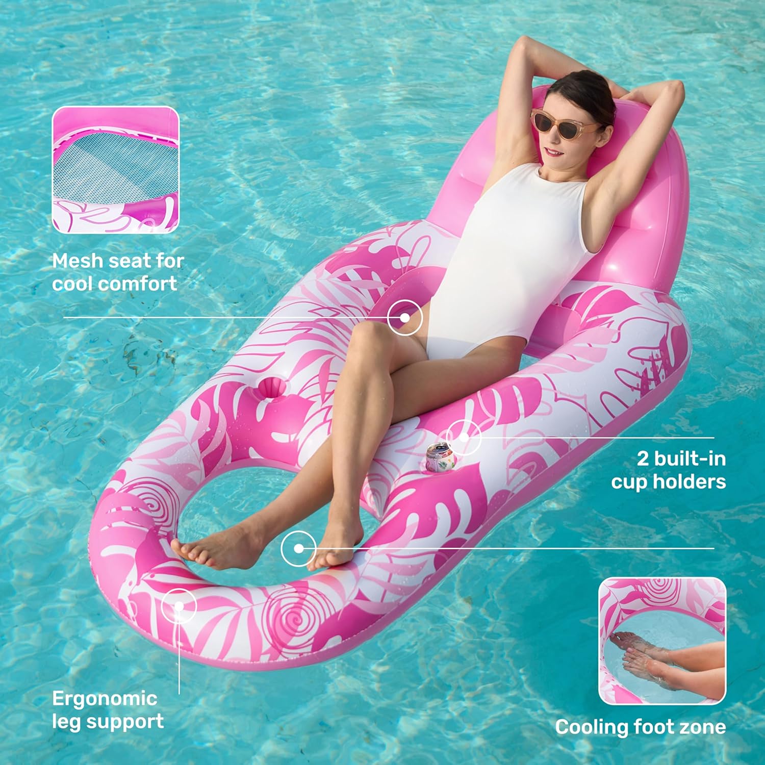 Thumbnail 3 de SLOOSH Inflatable Pool Float Lounger for Adults with Cup Holders, Foot Rest & Mesh Seat