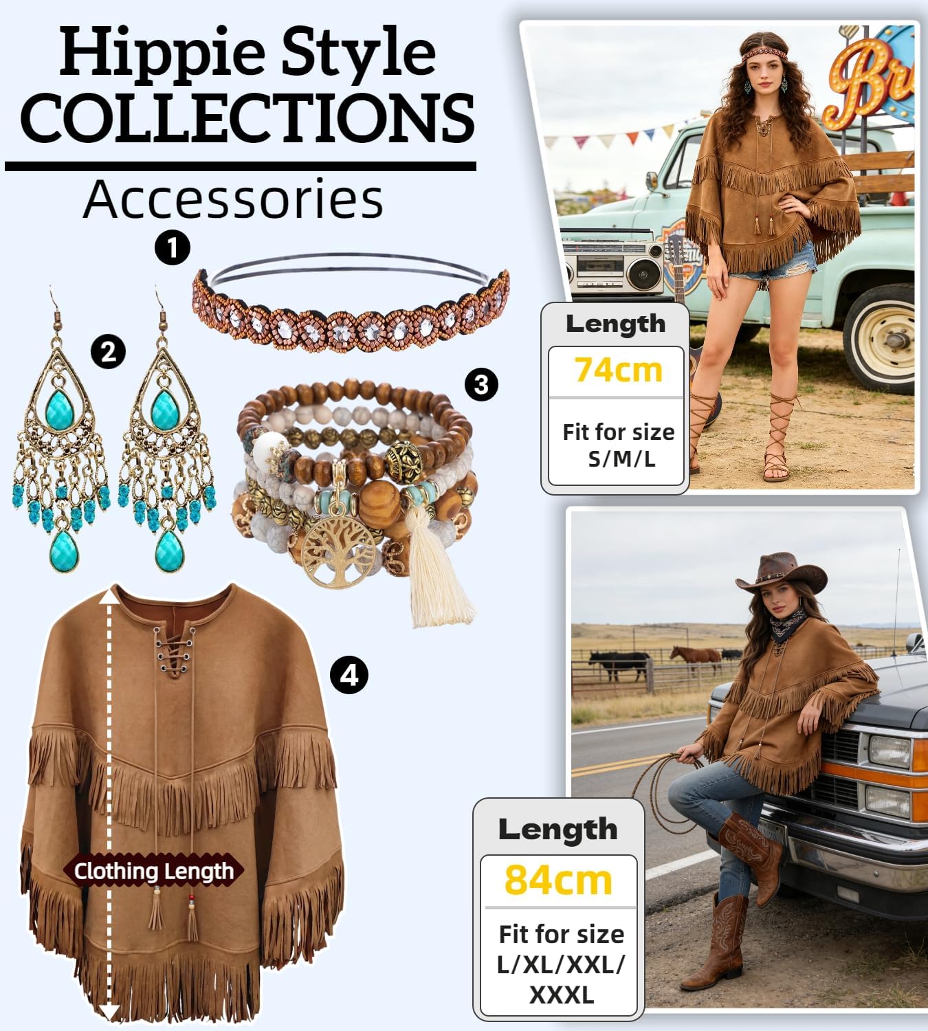 Thumbnail 5 de Cowgirlcape met franjes, bruin, 74 cm lang