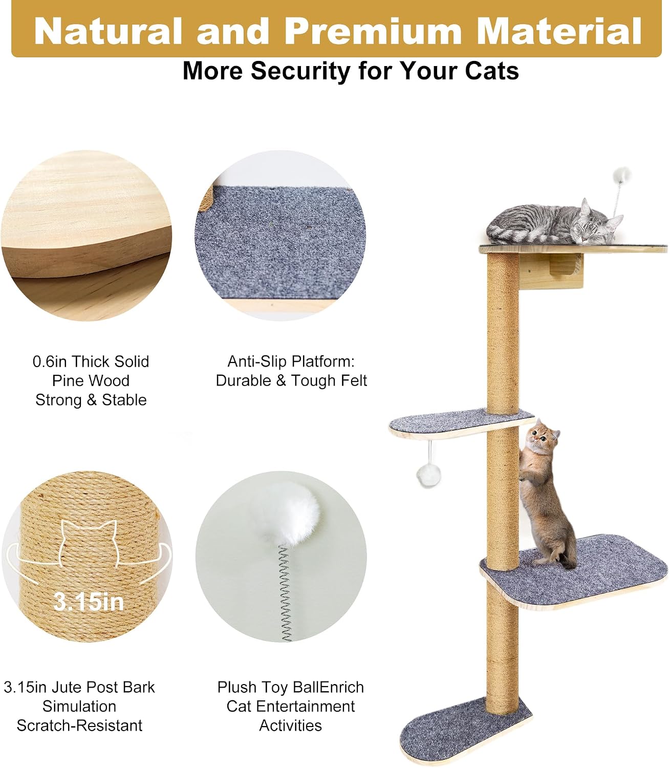 Detalle de Wall-Mounted Cat Tree 125cm — 4‑Tier Cat Tower 🐱