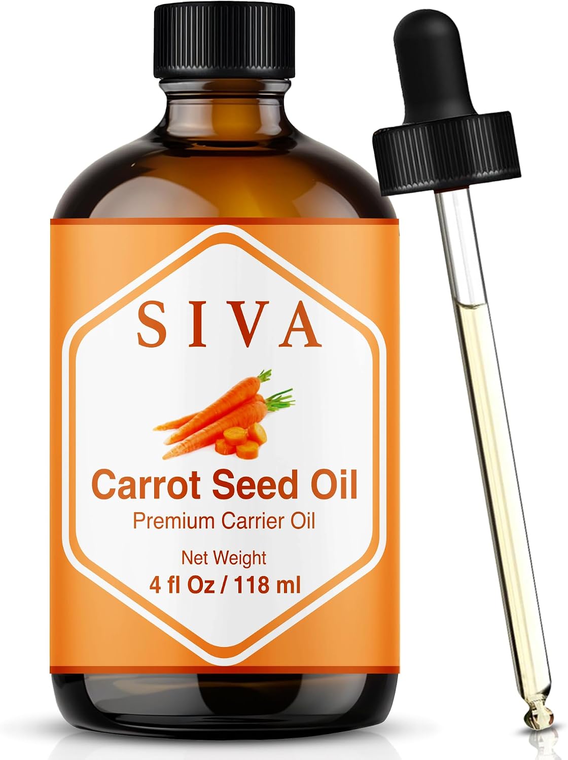 Detalle de SIVA Carrot Seed Carrier Oil, 4 fl oz Amber Glass Dropper Bottle