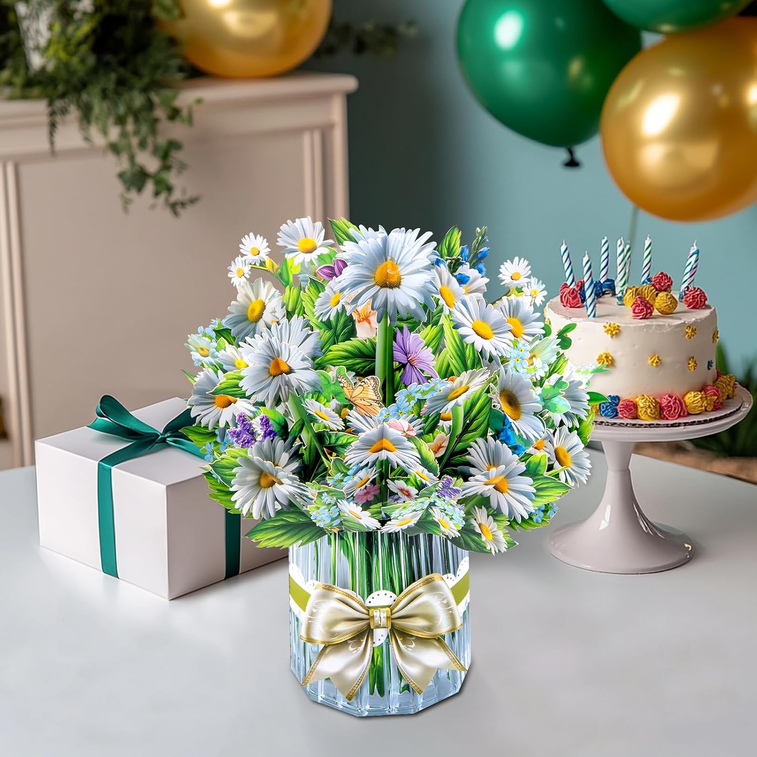 Detalle de Gänseblümchen Big Pop Up Karte – 33 cm Blumenstrauß mit leerer Notizkarte und Umschlägen