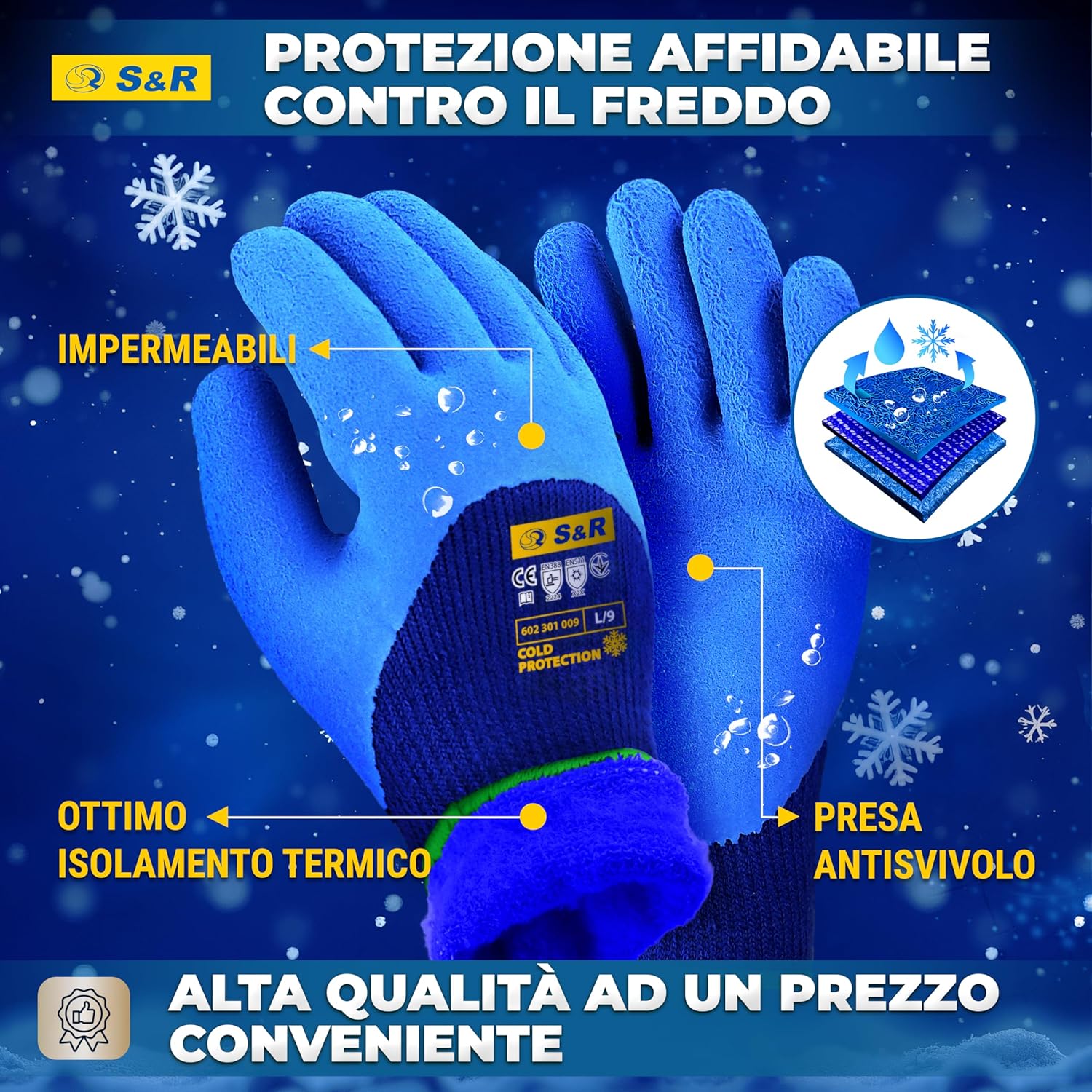 Detalle de S&R Guanti da Lavoro Invernali Termici - 2 Paia, Taglia L/9, fodera acrilica calda, rivestimento lattice idrorepellente