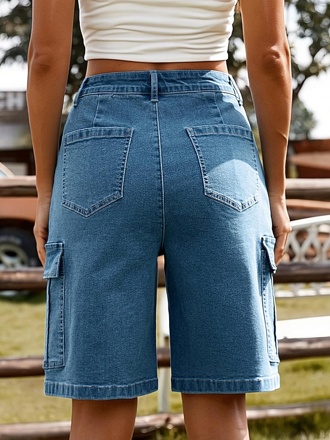 Detalle de StylSense Damen Cargo Jeans Shorts mit hohem Bund – Baumwolle & Elasthan, 6 Taschen