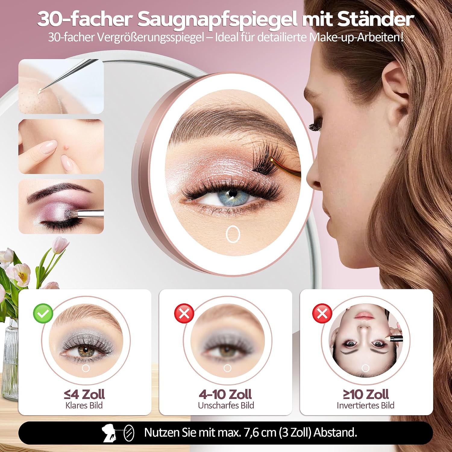 Detalle de MOMOKUBA Vergrößerungsspiegel mit Saugnapf, 30-fach & Beleuchtung (Roségold)