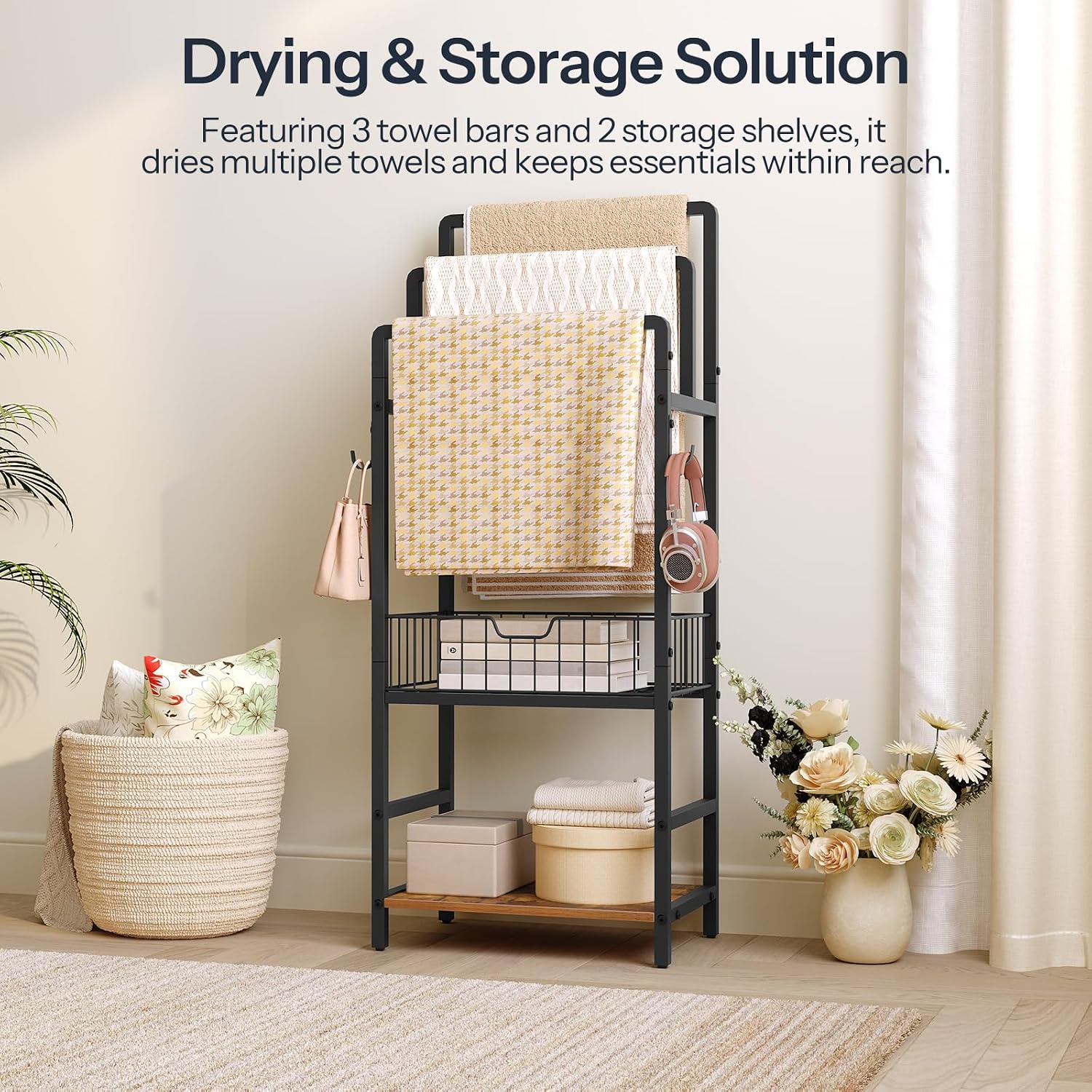 Detalle 2 de HOOBRO BF13LB01 Towel Rack – wolnostojący wieszak z koszem, półką i 3 prętami