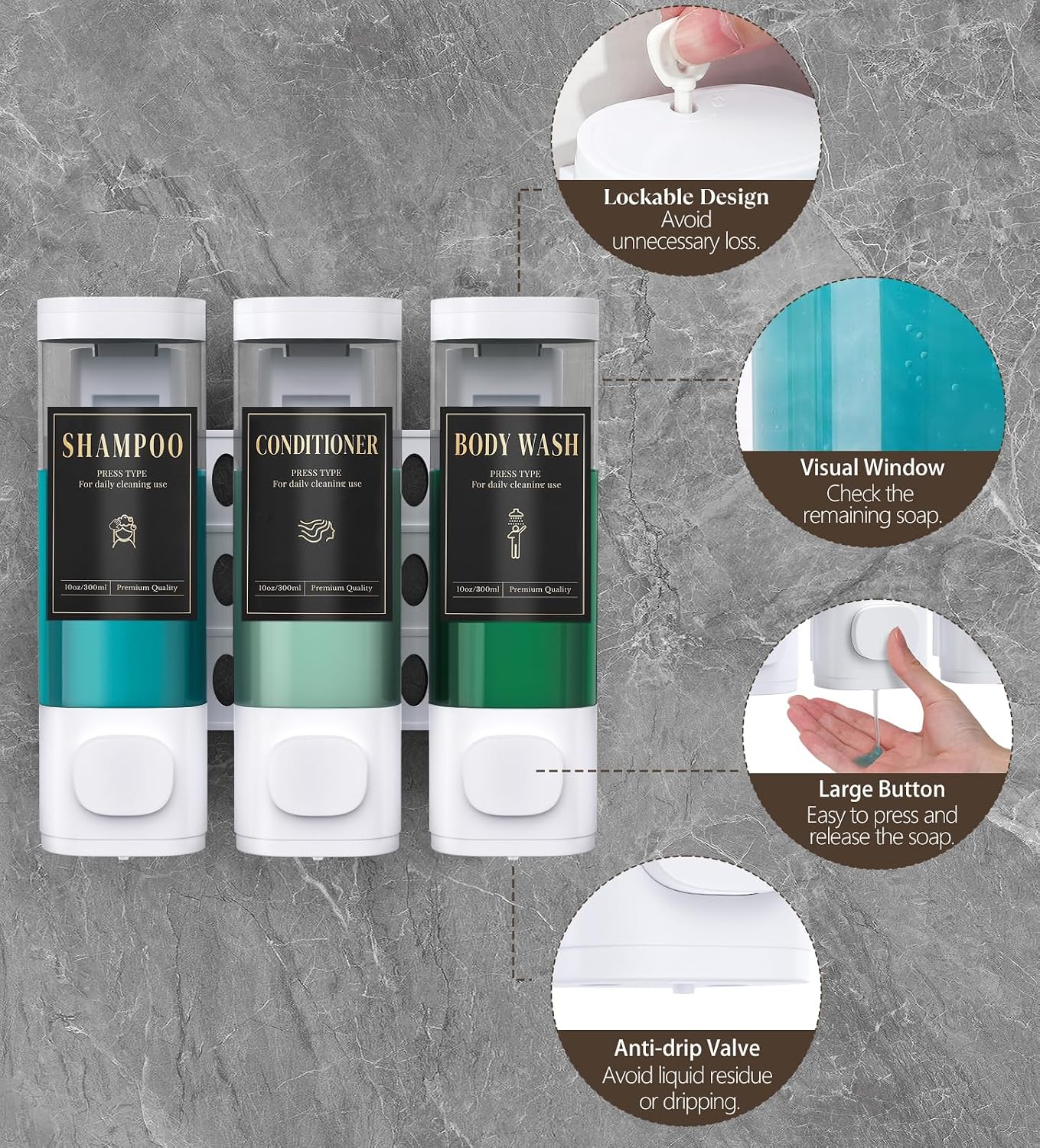 Thumbnail 5 de Luxspire 3-Chamber Wall Mounted Shampoo & Conditioner Dispenser (No-Drill), White