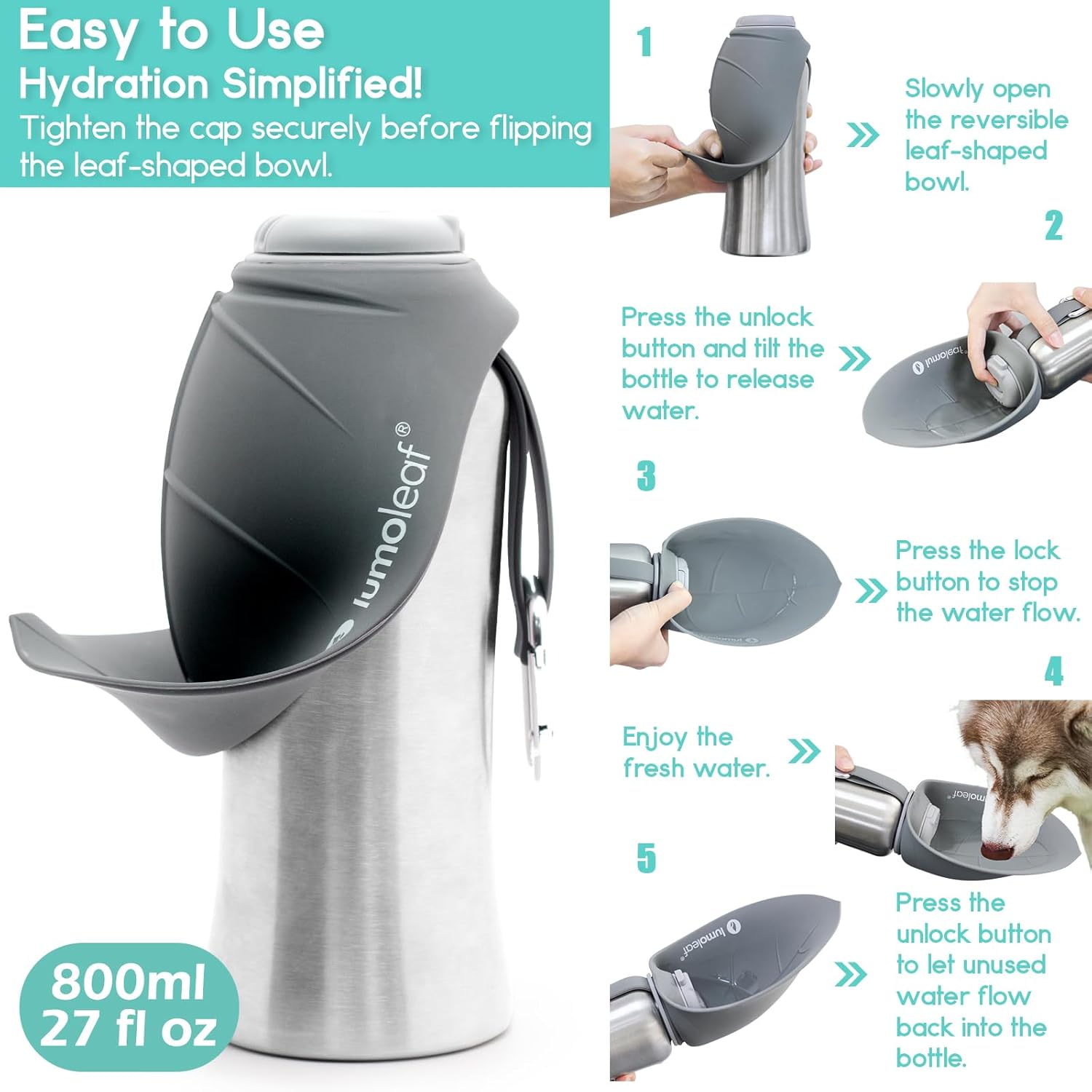 Detalle 1 de LumoLeaf Portable Dog Water Bottles 800ml
