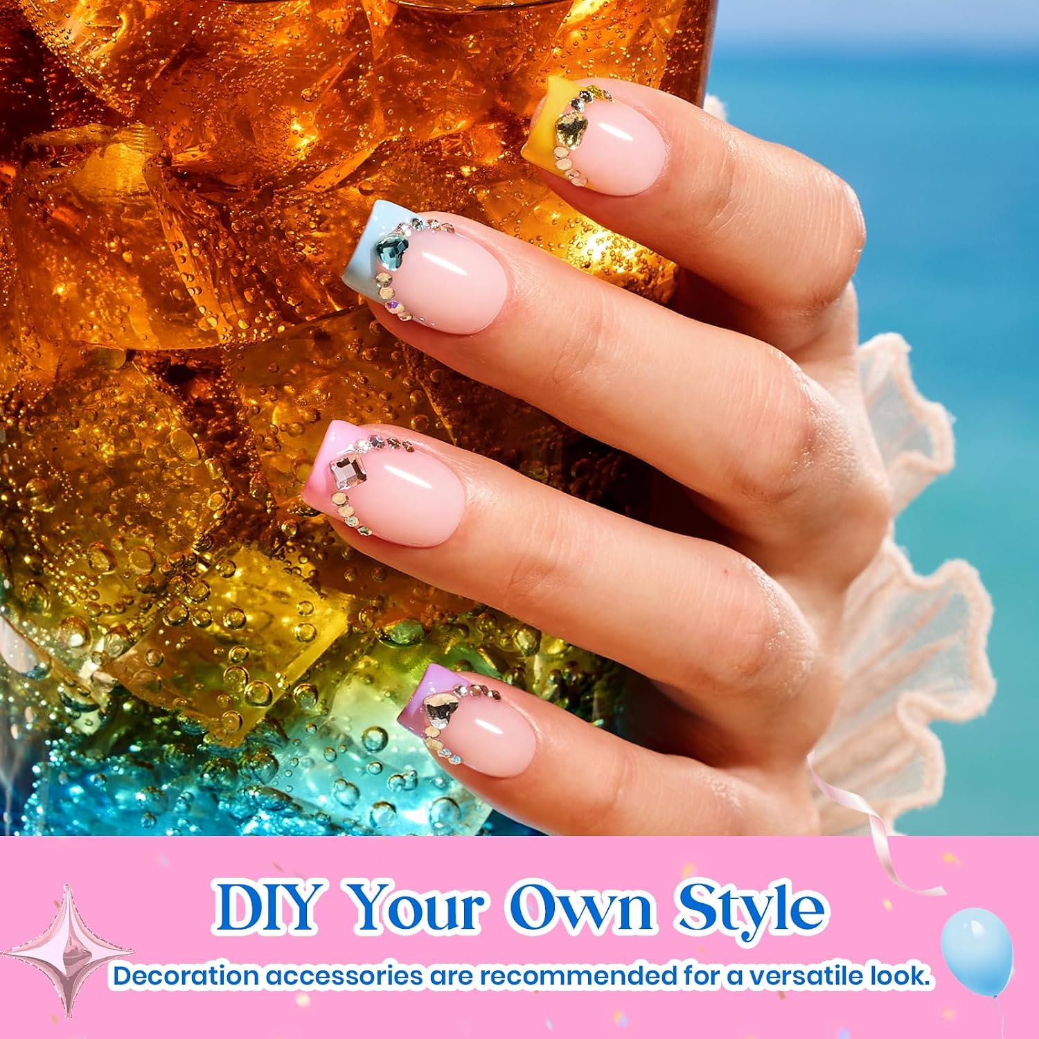 Detalle de Beetles Summer Press On Nails (224 pcs, 7 colors) Short Square French Tip False Nails