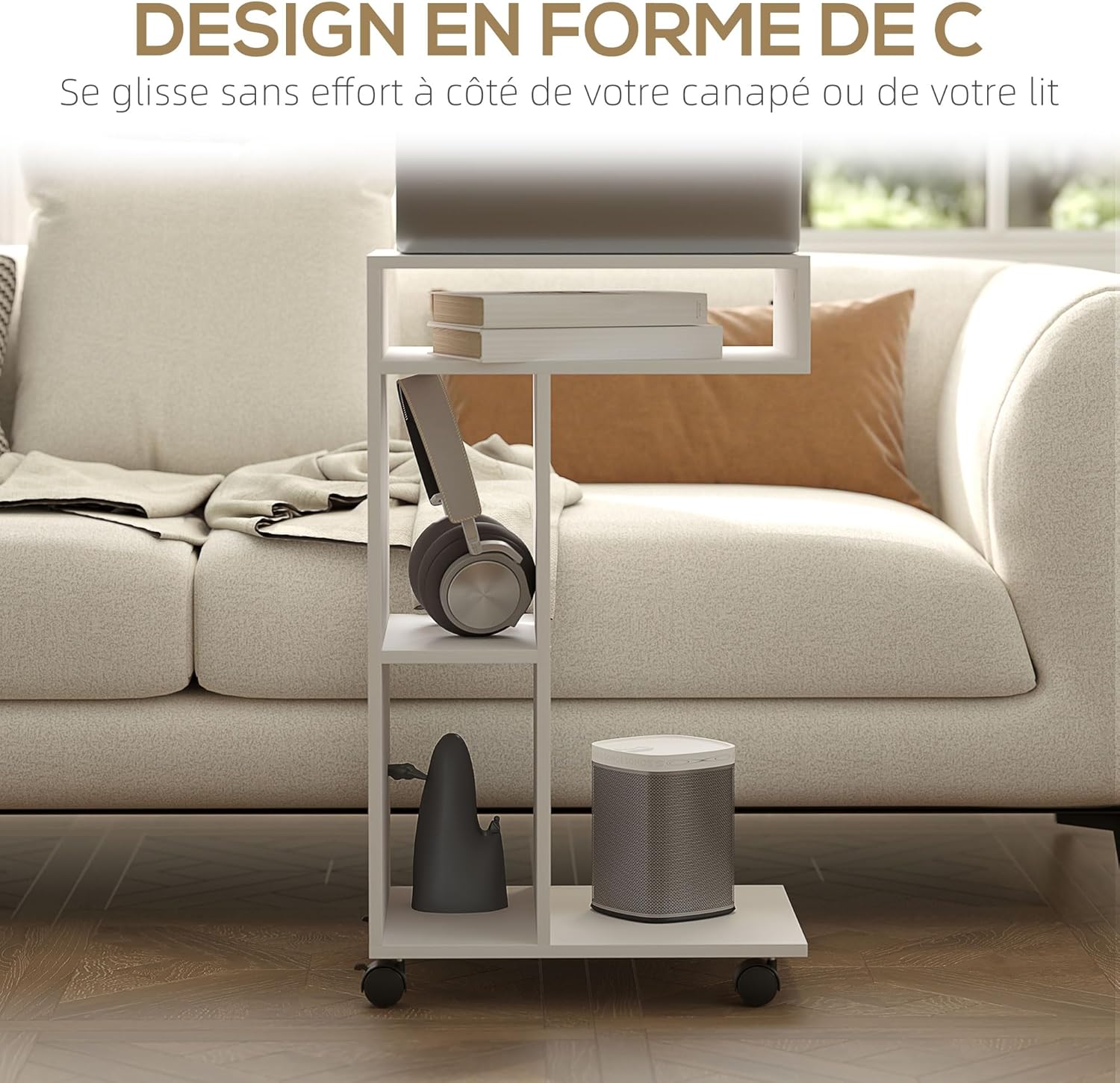 Thumbnail 4 de HOMCOM table d’appoint en forme de C avec roulettes, 3 compartiments et 1 étagère ouverte, 40 x 30 x 69 cm (blanc)