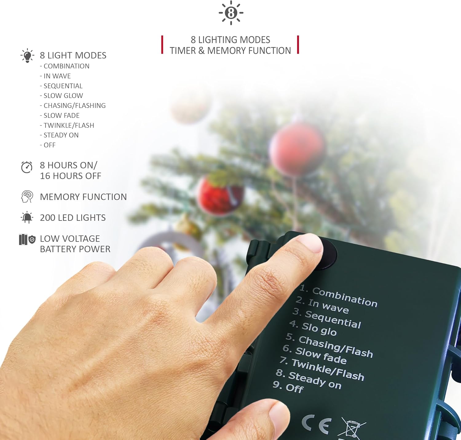 Thumbnail 5 de NETTA Battery Operated 200 LED 20M Christmas Tree Fairy Lights with Timer (Warm White) – 8 Modes