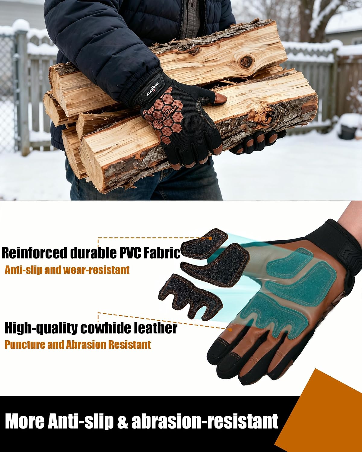 Detalle de SLARMOR Winter Work Gloves for Men, Waterproof, Touchscreen, Cowhide Palm