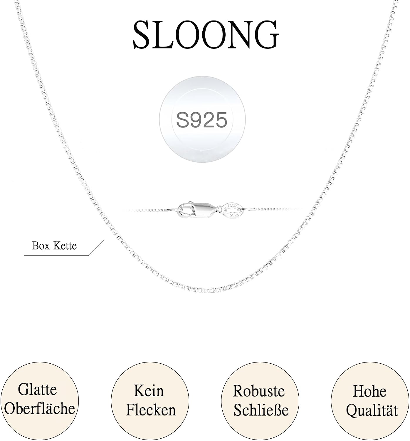 Detalle 2 de SLOONG Kette Silber 925 Damen Boxkette 0,8 mm – Halskette ohne Anhänger in 41/46/51/56/61 cm