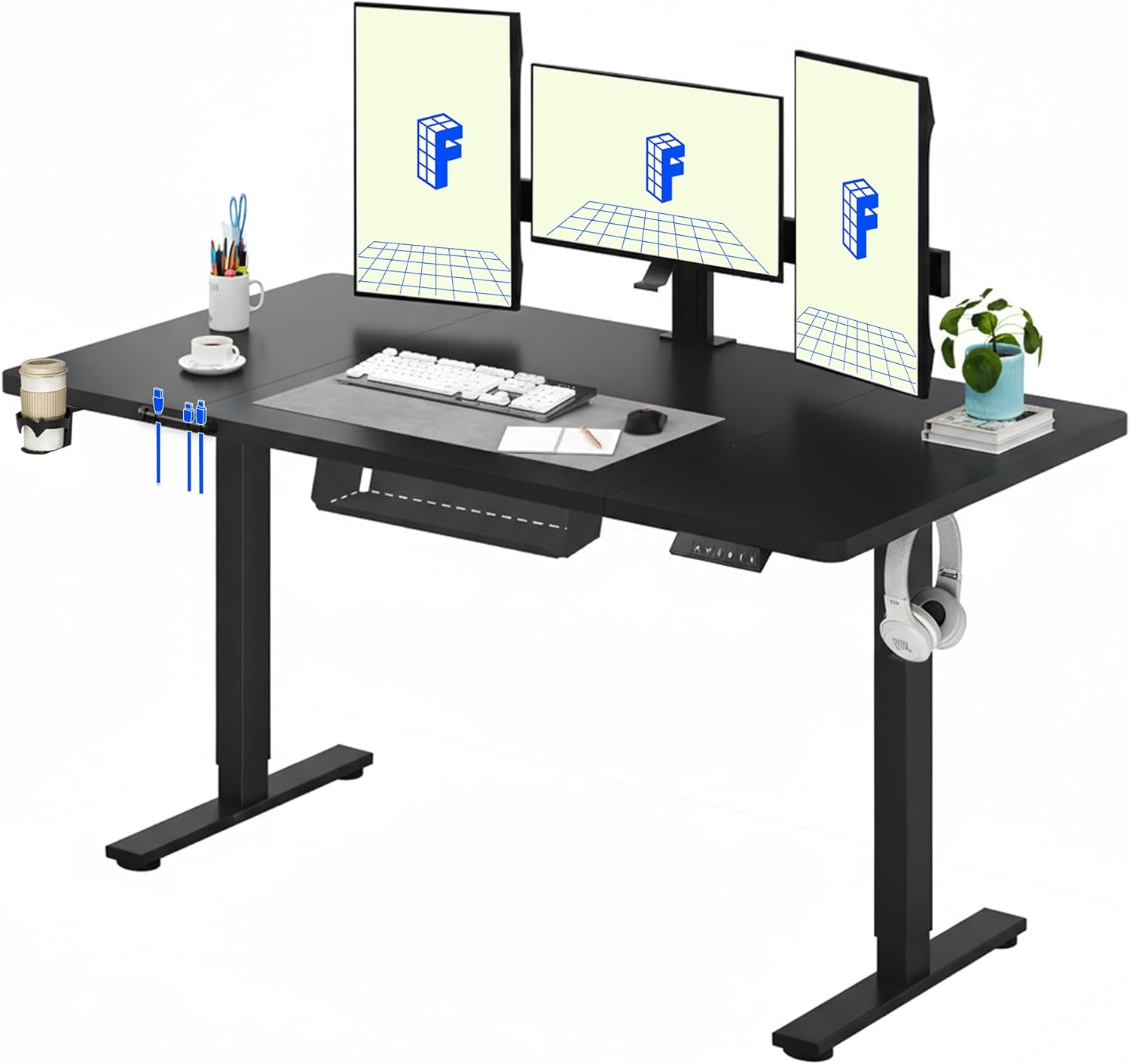 FlexiSpot Bureau Assis Debout électrique 160x60 cm avec mémoires (cadre noir + plateau noir)