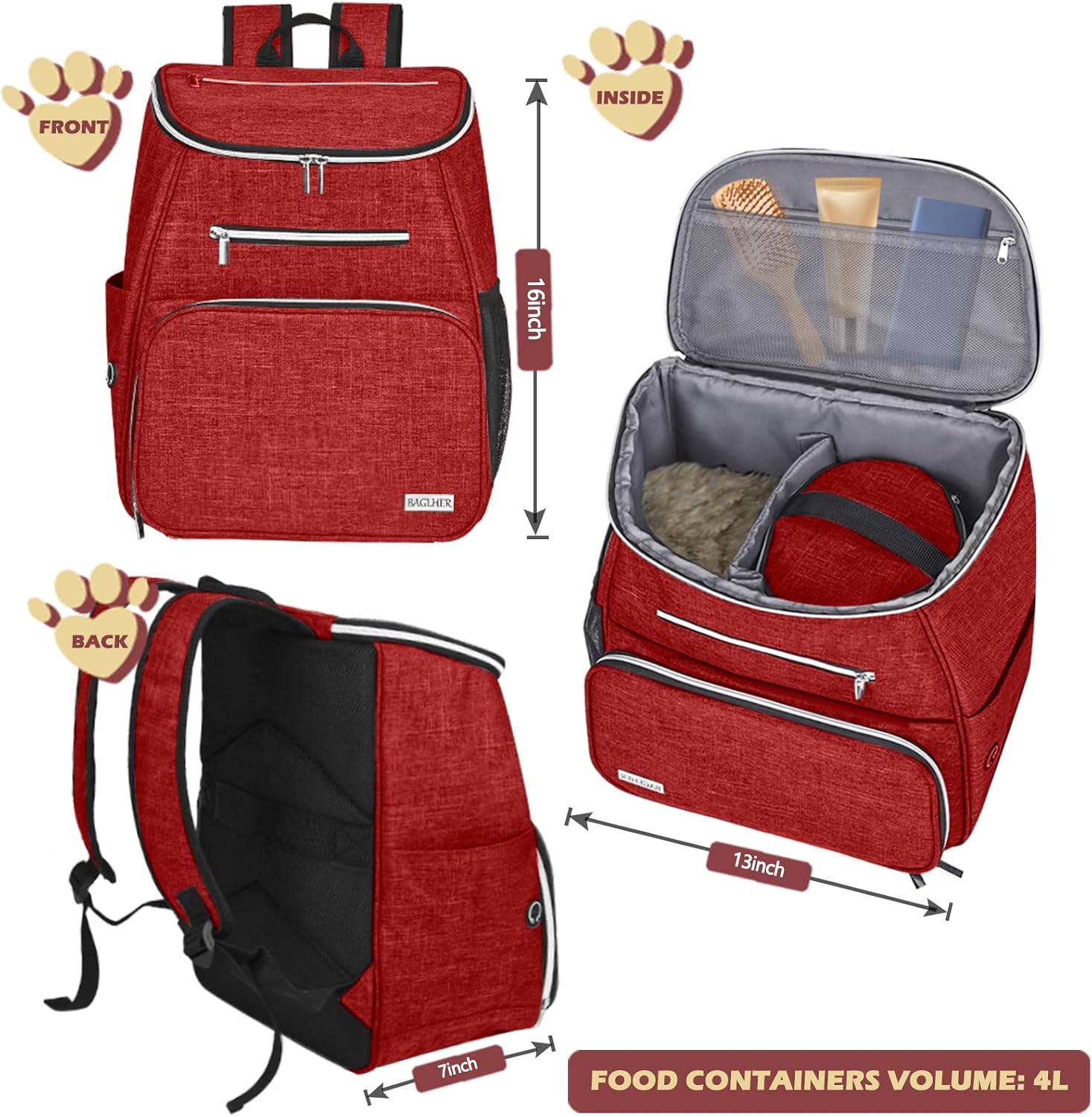 Detalle de BAGLHER Dog Travel Bag Backpack – Airline Approved with 2 Collapsible Bowls & 2 Food Baskets (Red)