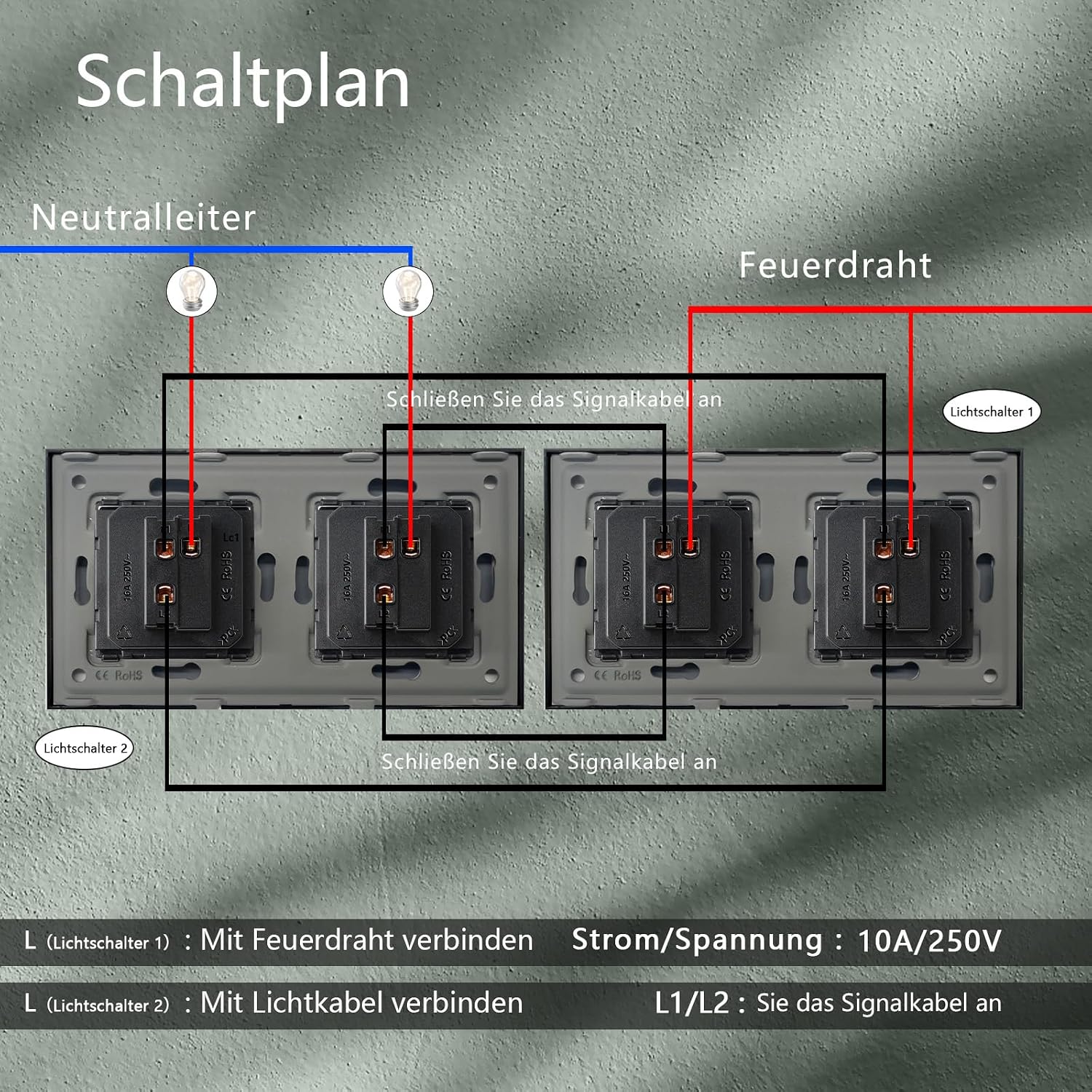 Detalle de TAWOIA Lichtschalter 1-fach/2-Wege (Doppel-Schalter) Unterputz 86 × 157 mm in Schwarz