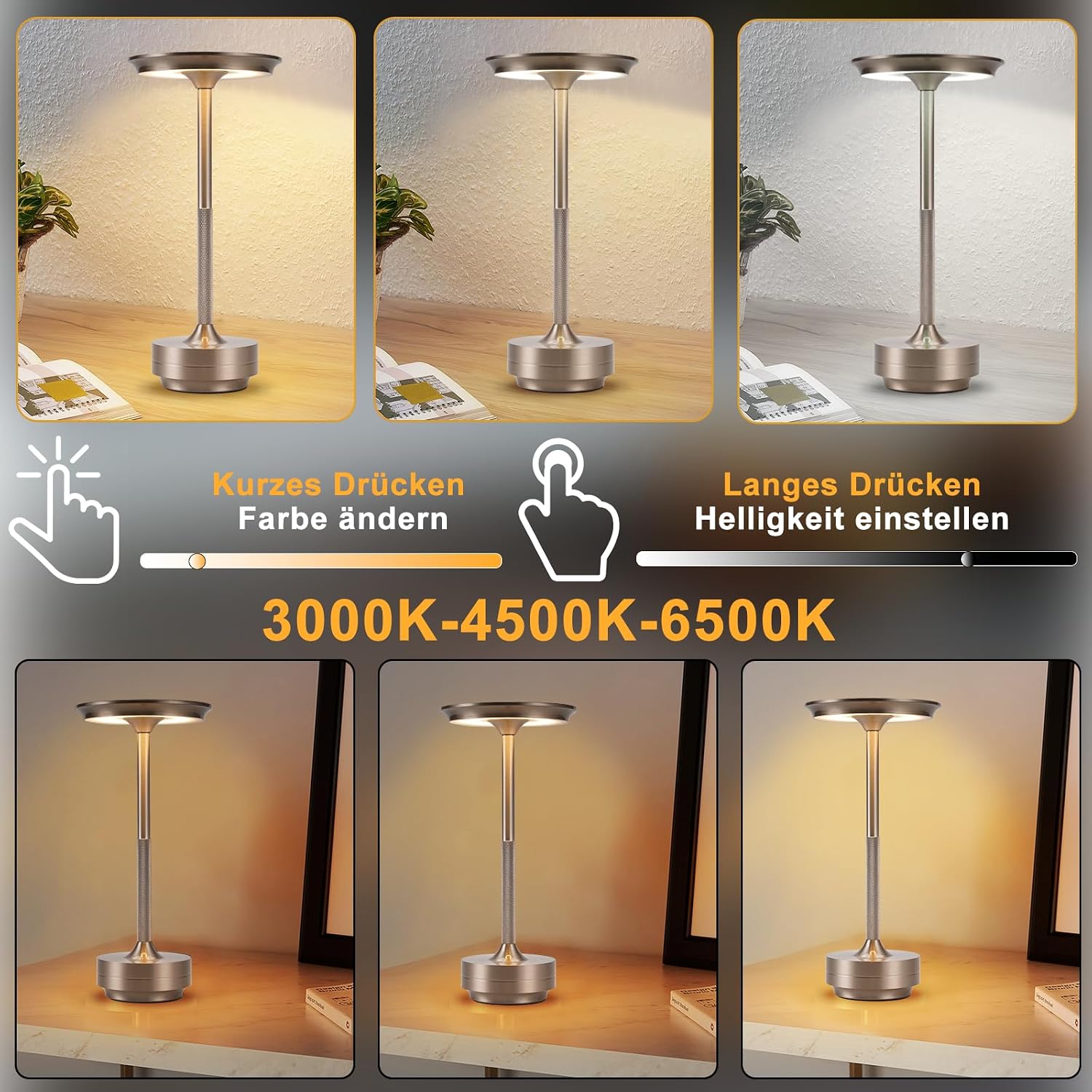 Detalle de meoaow trådlös LED-bordslampa med touch, dimning och USB-C, nickel