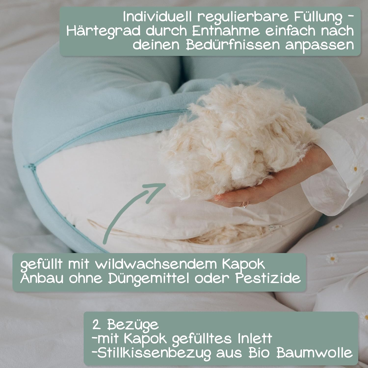 Thumbnail 5 de Minky Mooh® Stillkissen XXL Bio Baumwolle – Kapok-Füllung, 190x30 cm, creme