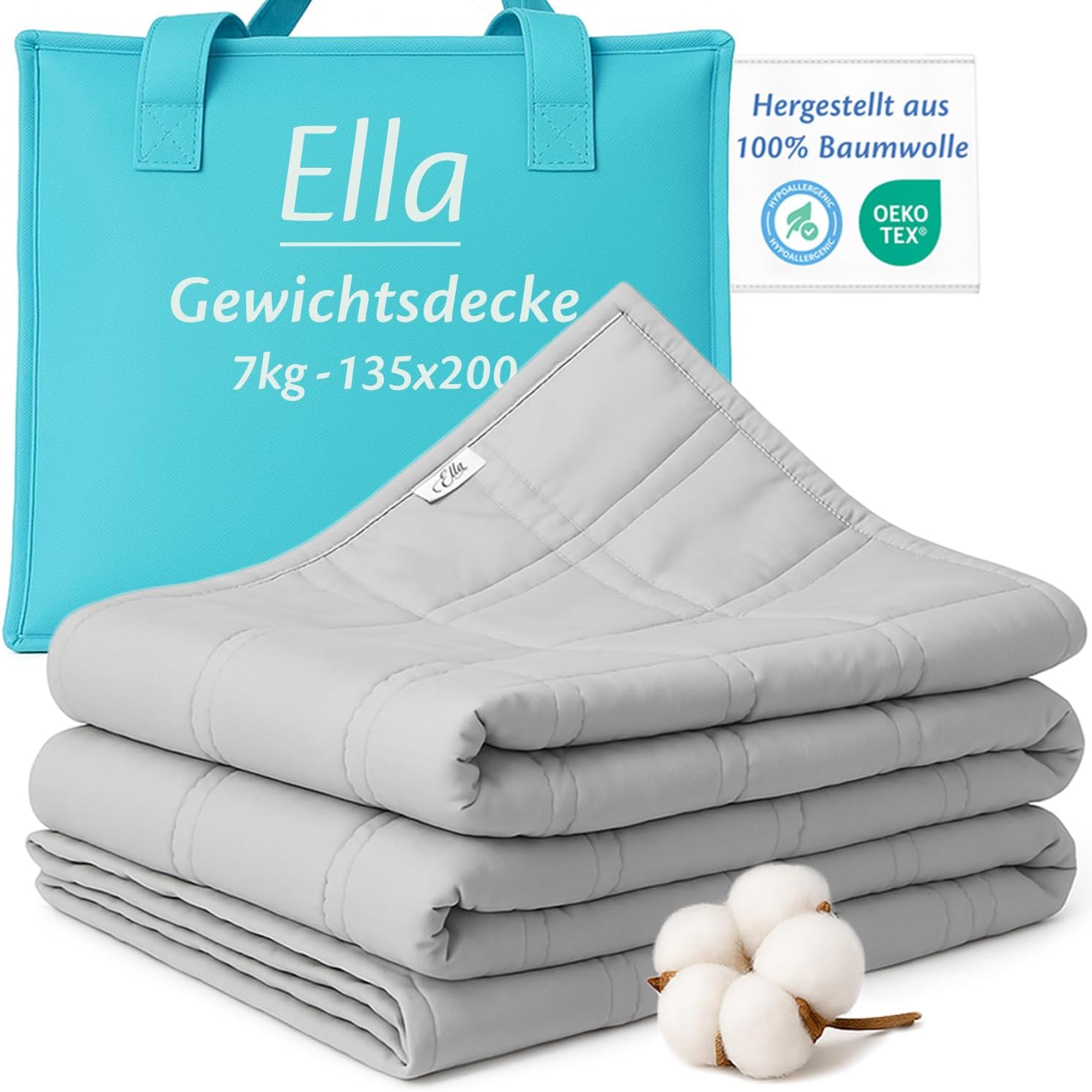 Detalle de Ella Gewichtsdecke 135x200 cm, 7 kg – Anti Stress Therapiedecke aus 100% Baumwolle (grau)