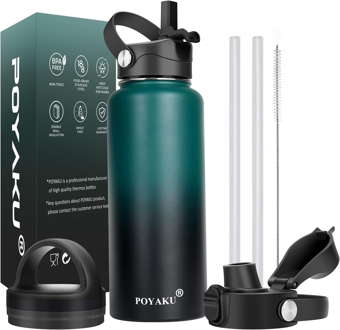 Water Bottle Insulated 32oz/40oz/64oz/128oz with 3 Lids: Leak-Proof Vacuum Stainless Steel Bottle