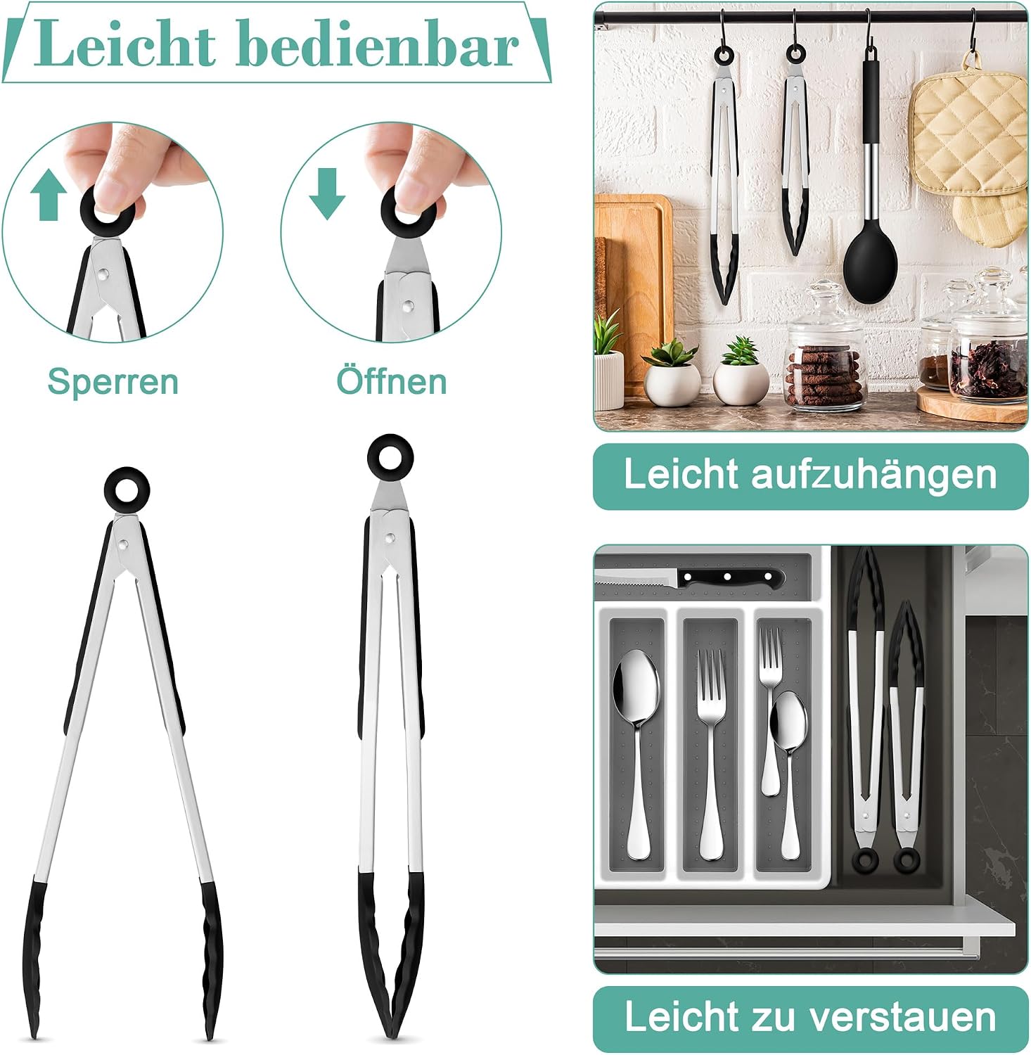 Detalle 2 de HaWare Küchenzange – 2er Edelstahl-Set mit hitzebeständigem Silikongriff, Schwarz