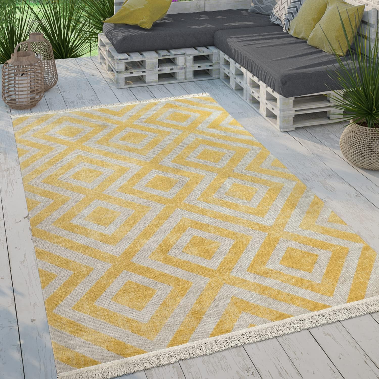 Thumbnail 6 de Paco Home Moderner Outdoor Teppich Grau-Weiß 60x100 cm – Geometrisches Rauten-Muster, Wetterfest & Pflegeleicht