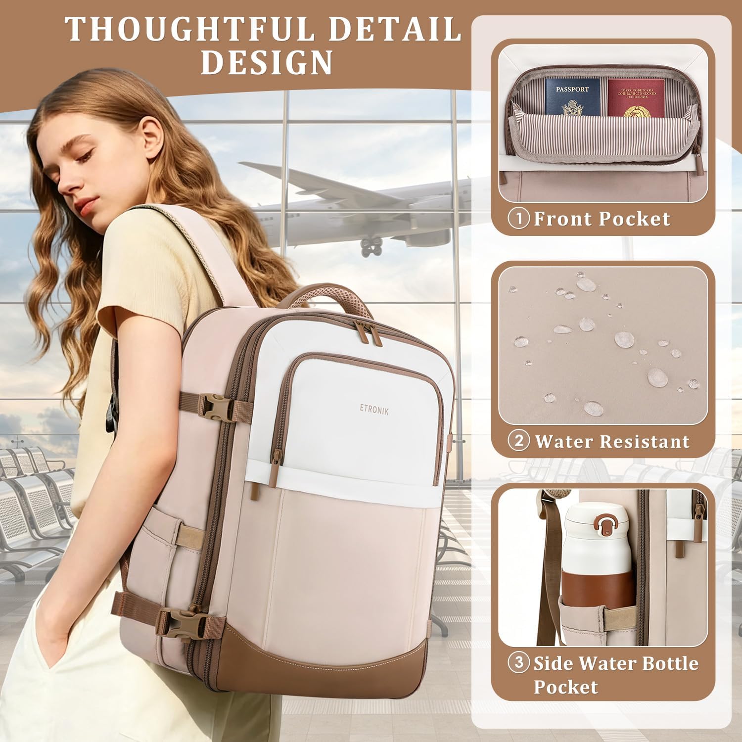 Thumbnail 4 de ETRONIK Ryanair Cabin Bags 40x30x20 Underseat Expandable Travel Backpack – Khaki
