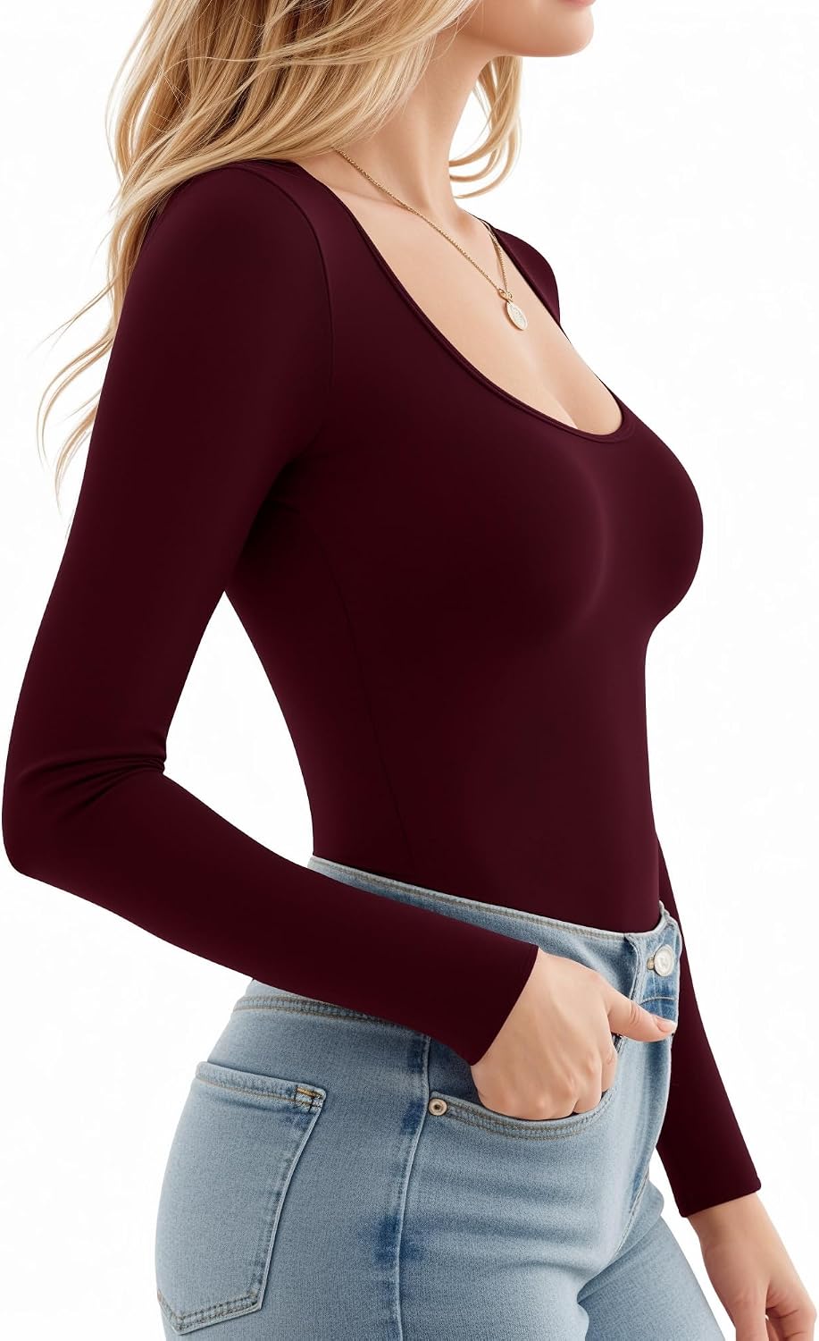 Detalle 2 de ALGALAROUND Women's Long Sleeve Scoop Neck Top — Slim Fit Casual to Everyday Winter Tee