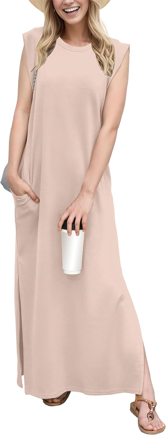 Detalle de GRECERELLE GC8312 Women's Maxi Dress, Round Neck, Side Slit and Pockets