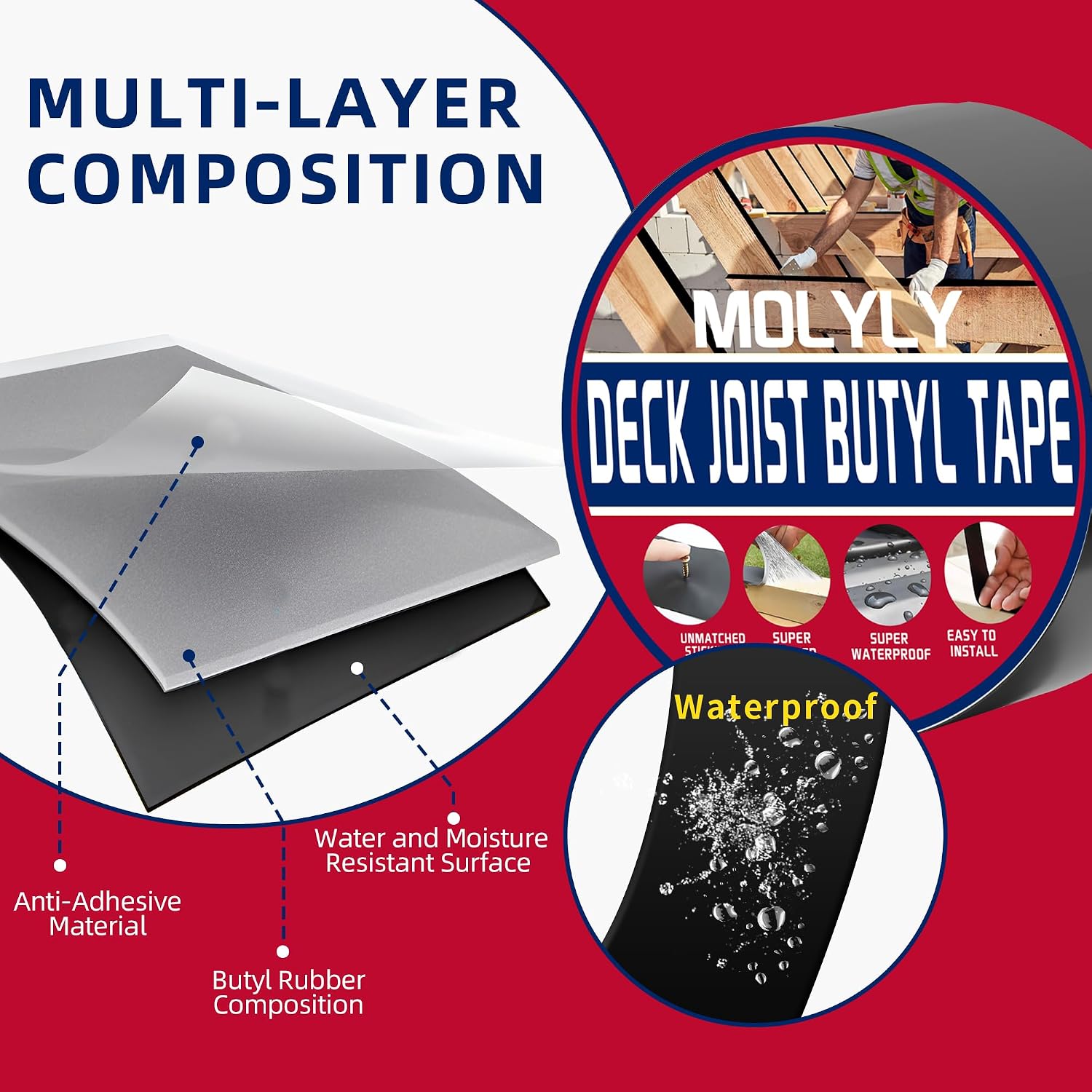 Thumbnail 6 de MOLYLY Butyl Deck Joist Tape (1-5/8 in x 50 ft) — 12 Rolls Waterproof & Anti-Corrosion Sealing Tape