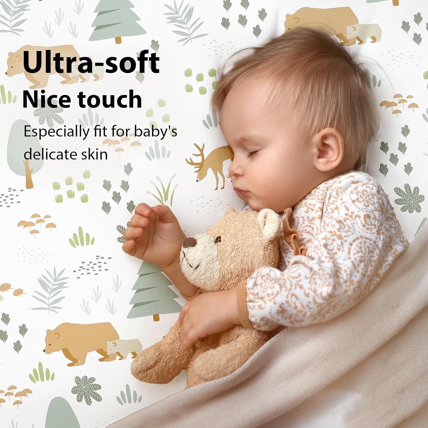 Thumbnail 1 de FIEMOL Cot Bed Sheets 140 x 70cm fitted (3-pack) in Green Forest Bear print