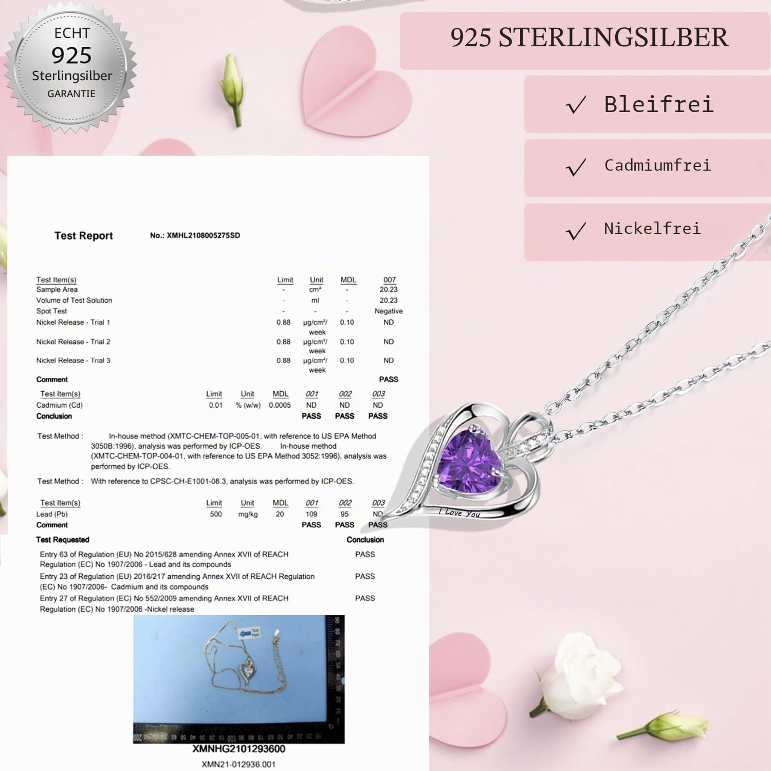 Detalle 2 de LAVUMO Herz Kette für Damen aus 925 Sterlingsilber mit „I love you“-Gravur (Silber/Messing)