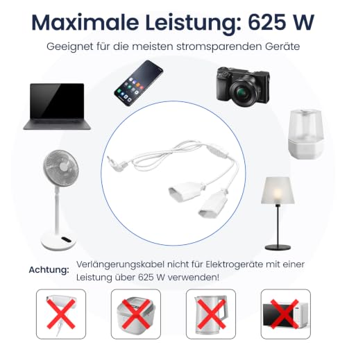 Detalle de ATJTYSX Eurostecker Verlängerungskabel 1,5 m mit Doppelsteckdose – 2-in-1, Flachstecker, Schützt Kinder
