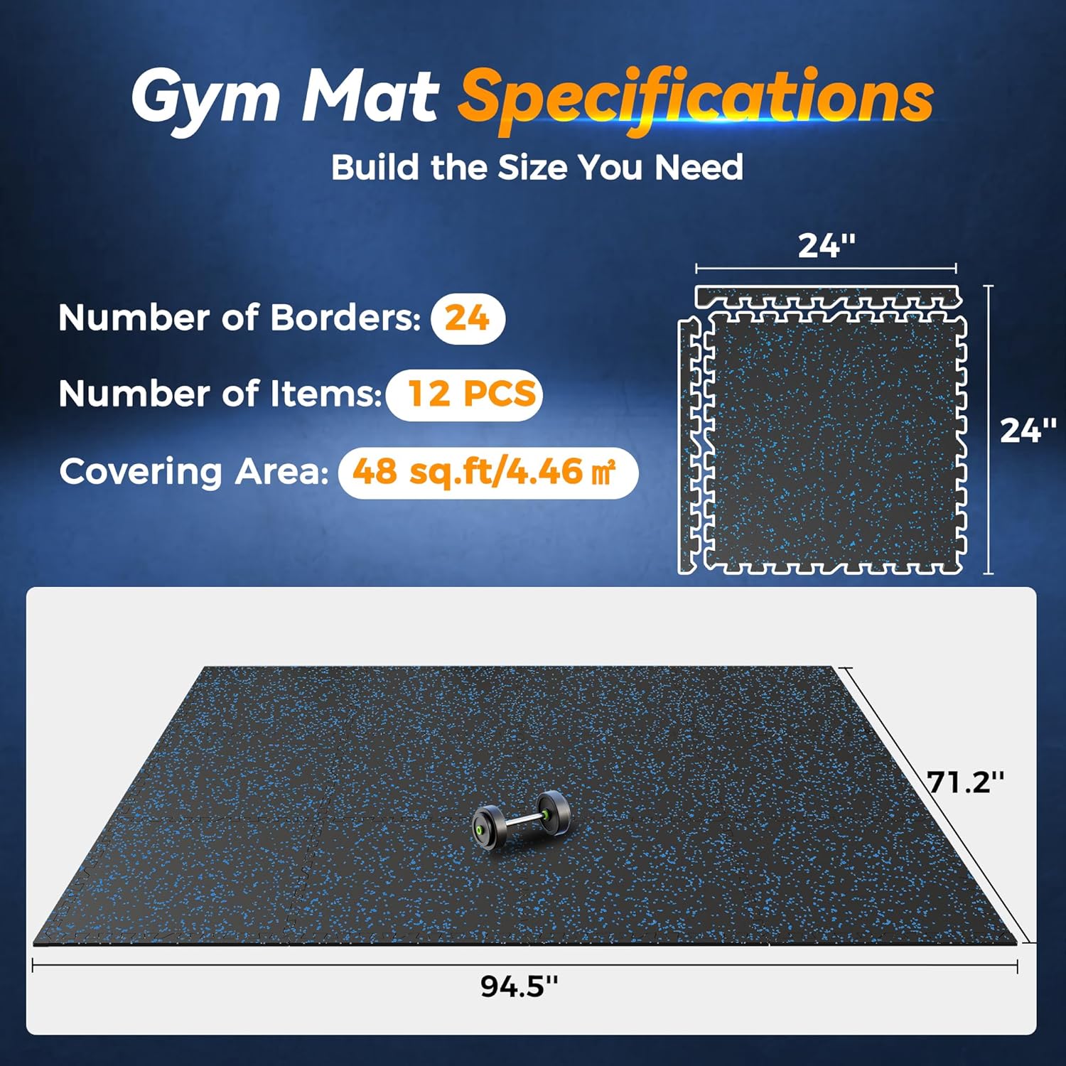 Detalle 2 de SUPERJARE 1" Extra-Thick Rubber Top Exercise Mat – 12 Interlocking Tiles, 48 Sq Ft (Black/Blue)
