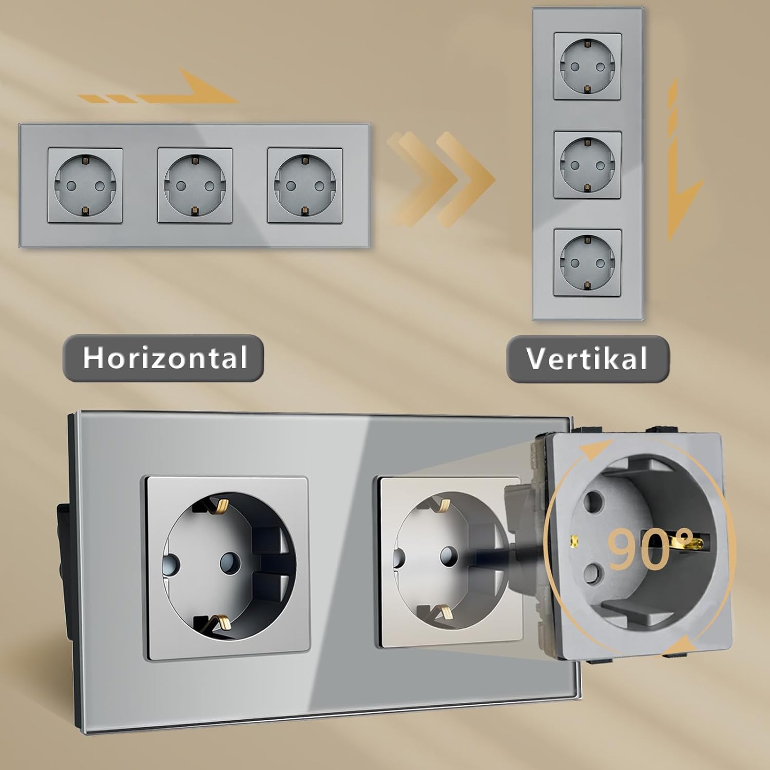 Thumbnail 5 de TAWOIA Schuko Steckdose (EU-Standard) 4-fach Unterputz mit Glasplatte, grau