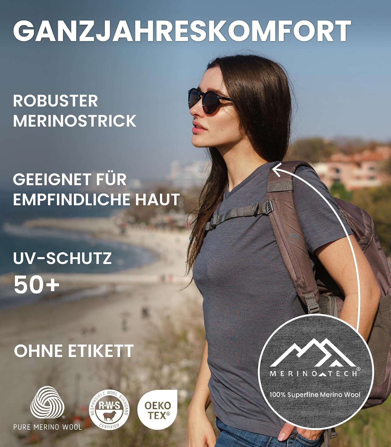 Detalle 2 de Merino.tech Damen Merino-Shirt 100% Merinowolle (Kurzarm) für Wandern