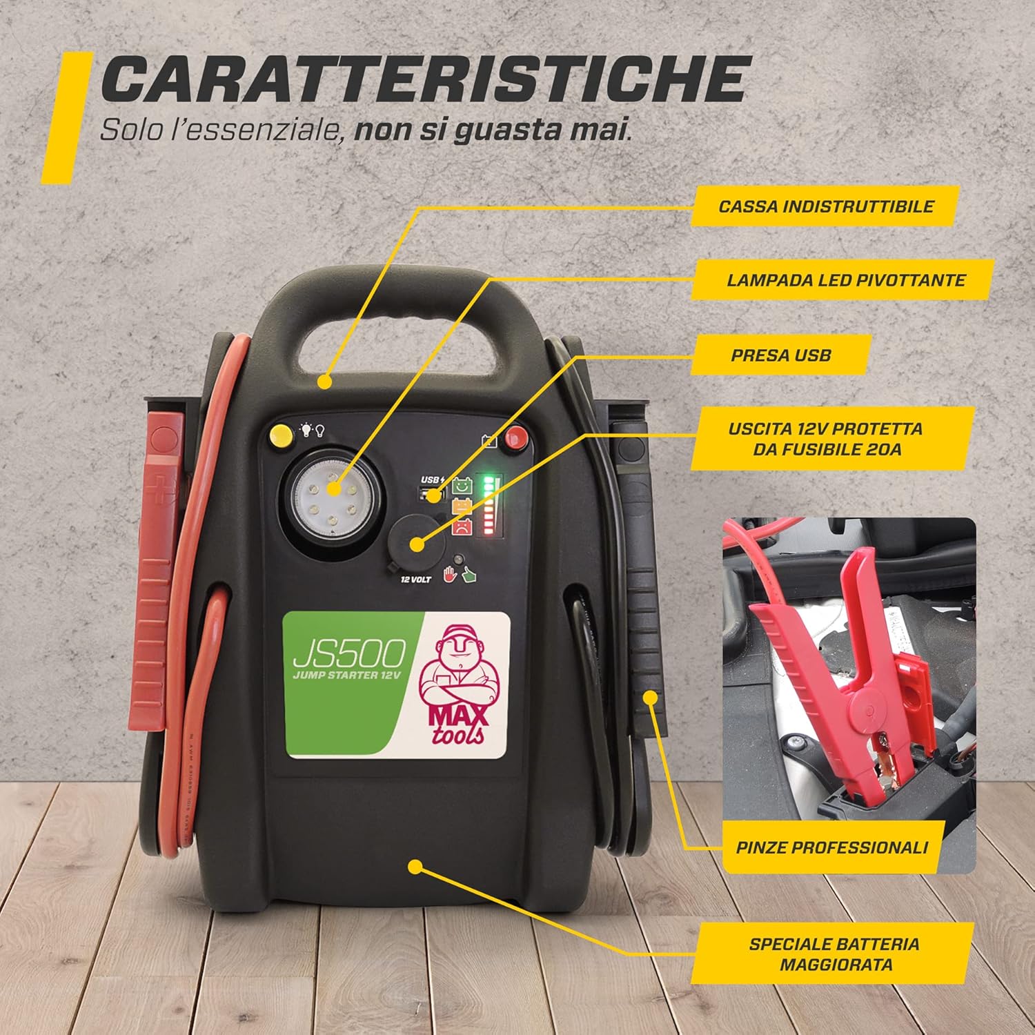 Detalle de MAXTOOLS JS500 2200 A 22 Ah: Avviatore di Emergenza 12V per Auto e Furgoni con LED e USB