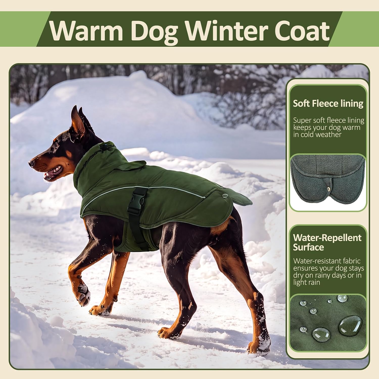 Detalle de DENTRUN C05-358MF -15 Winter Dog Coat, Reflective Fleece, Army Green