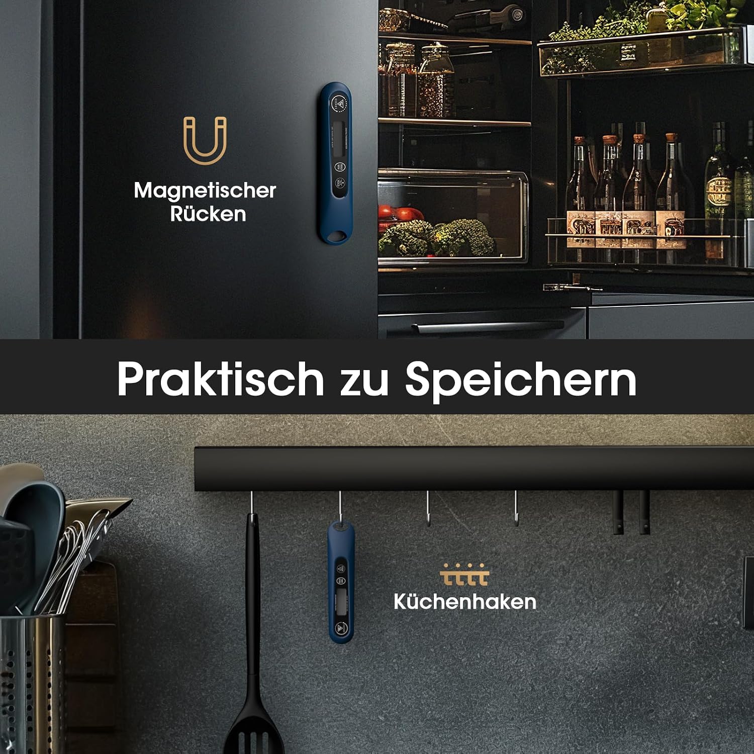 Detalle de DOQAUS Grillthermometer digitales Bratenthermometer mit 3‑Sekunden-Messung und langer Edelstahlsonde – Navyblau